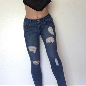 Distressed, stretchy, medium-wash skinny jeans!!